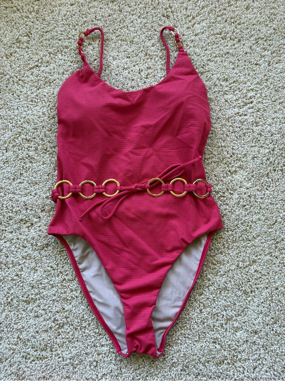 PQ Swim Link Belted One Piece Swimsuit Large Red Gold Ring Textured Monokini